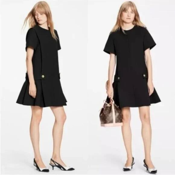 Louis Vuitton Uniform Anchor Gold Button Apron Mini Dress Black Short Sleeve 32 - Picture 1 of 13